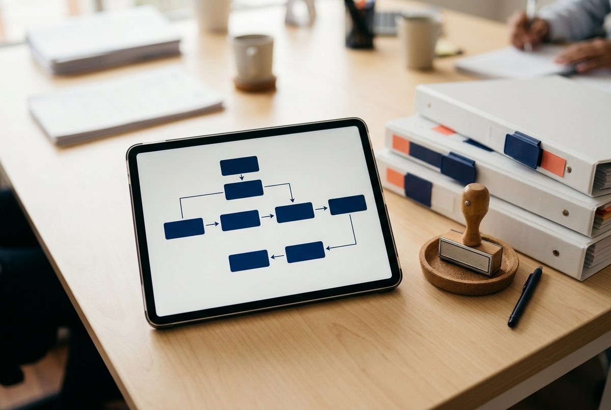 Escritorio con archivadores ordenados, un sello y una tableta con un diagrama de flujo abstracto