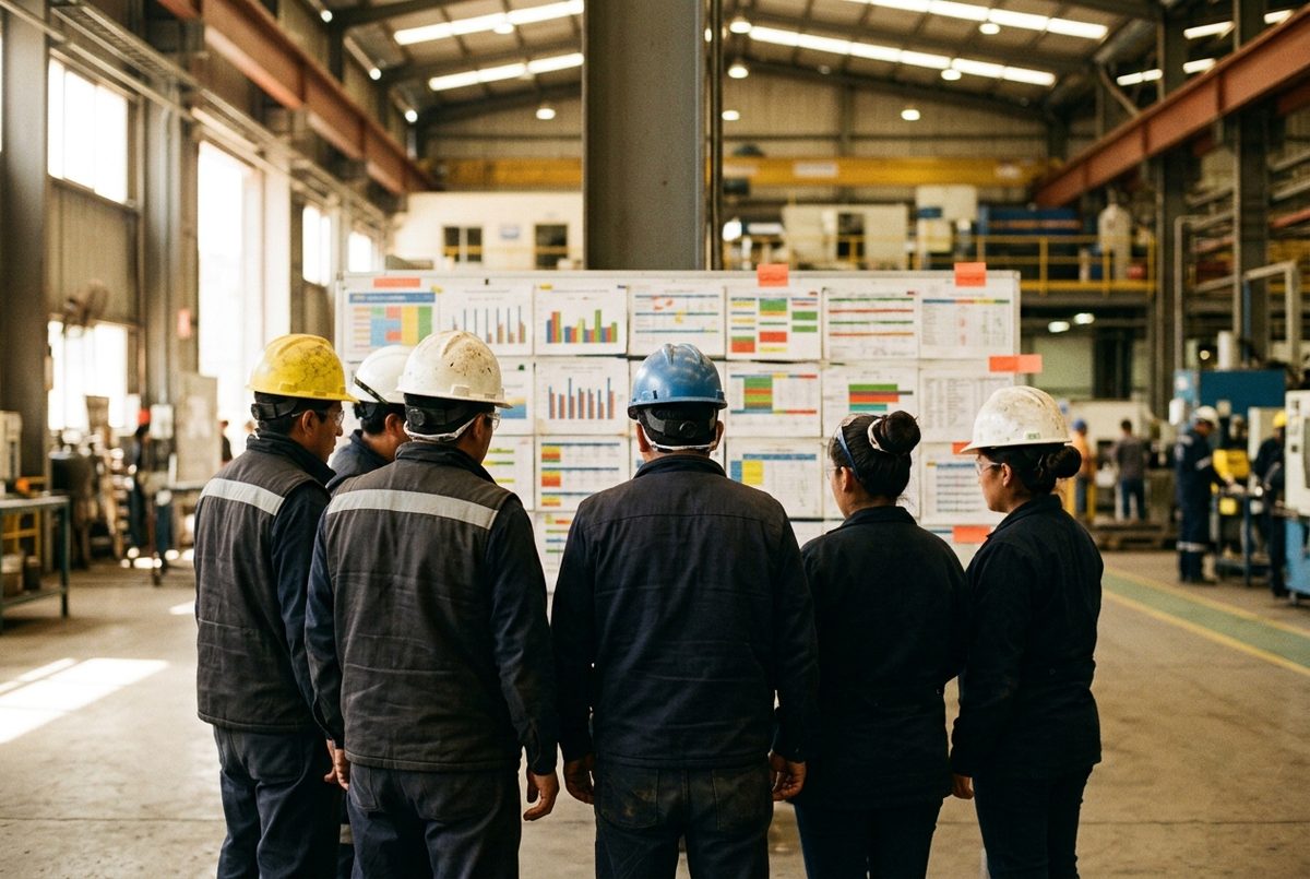 Equipo de planta con cascos reunido frente a un tablero de gestión visual, visto de espaldas